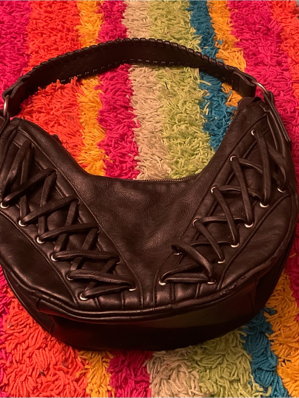 Black Women’s Hobo Bag with Lace-Up Detail